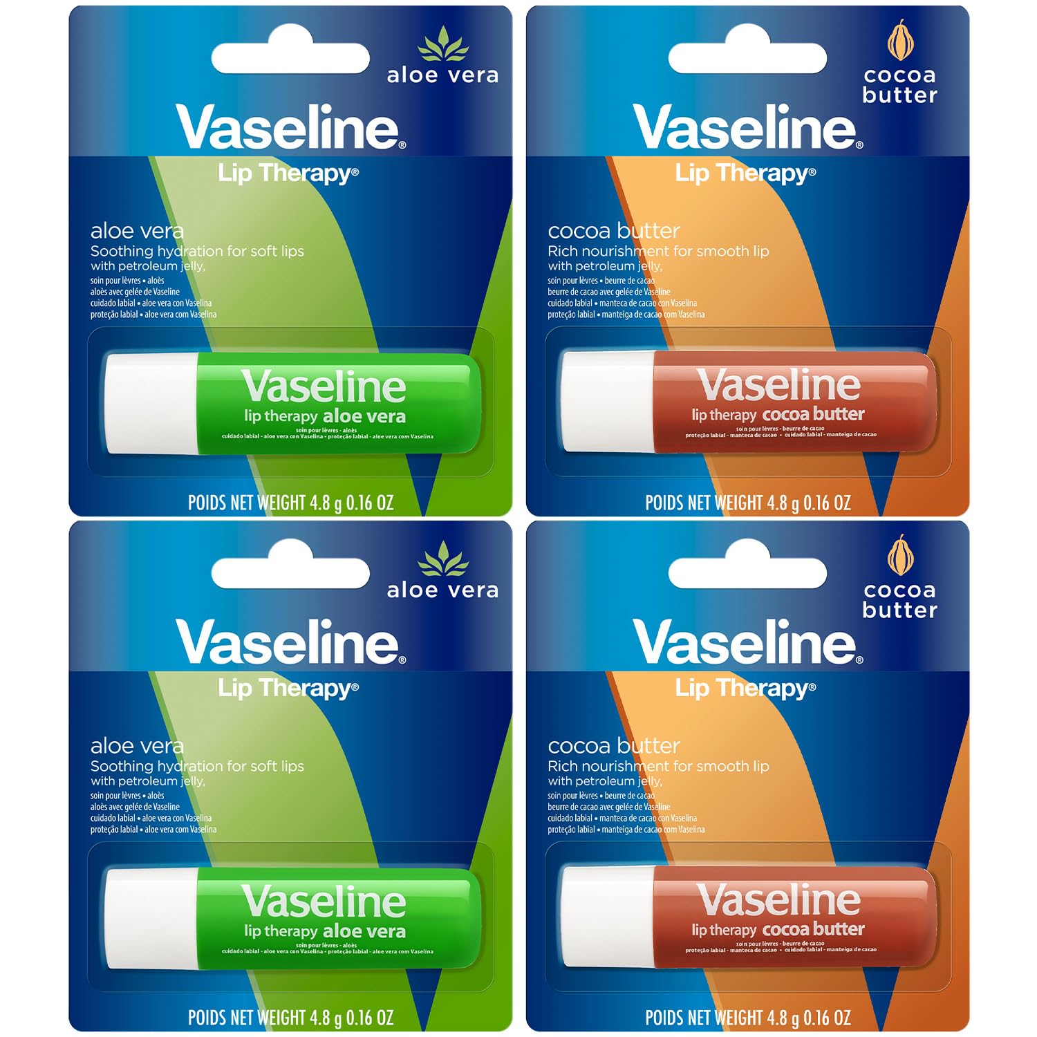 Vaseline front packaging showing four balm sticks and convenient variety