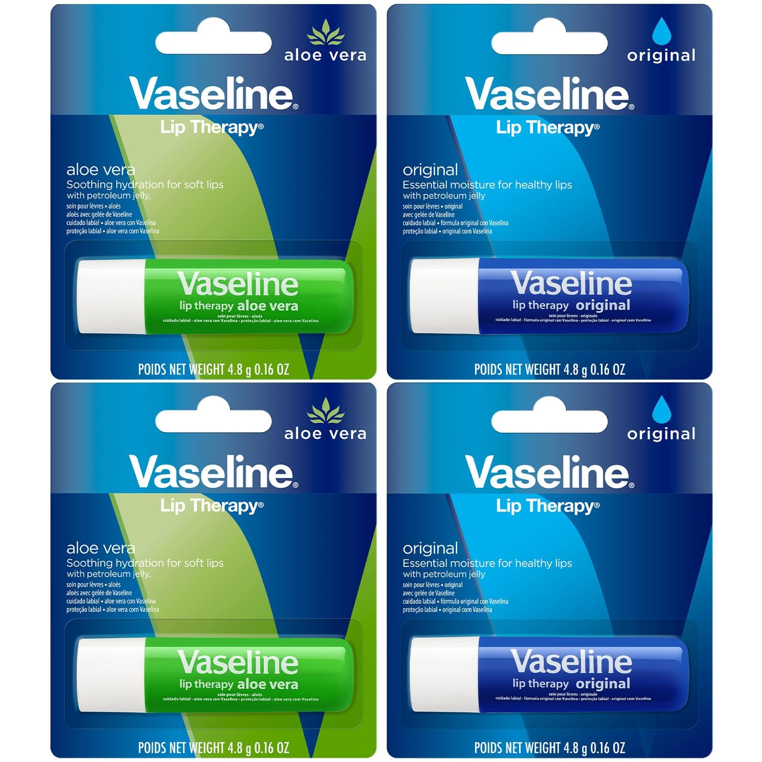 Vaseline variety pack front packaging showing two Original and two Aloe Vera sticks for convenience
