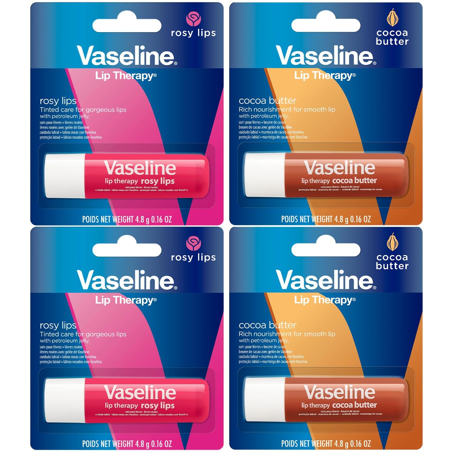 Vaseline variety pack front view showing four lip therapy sticks and benefits