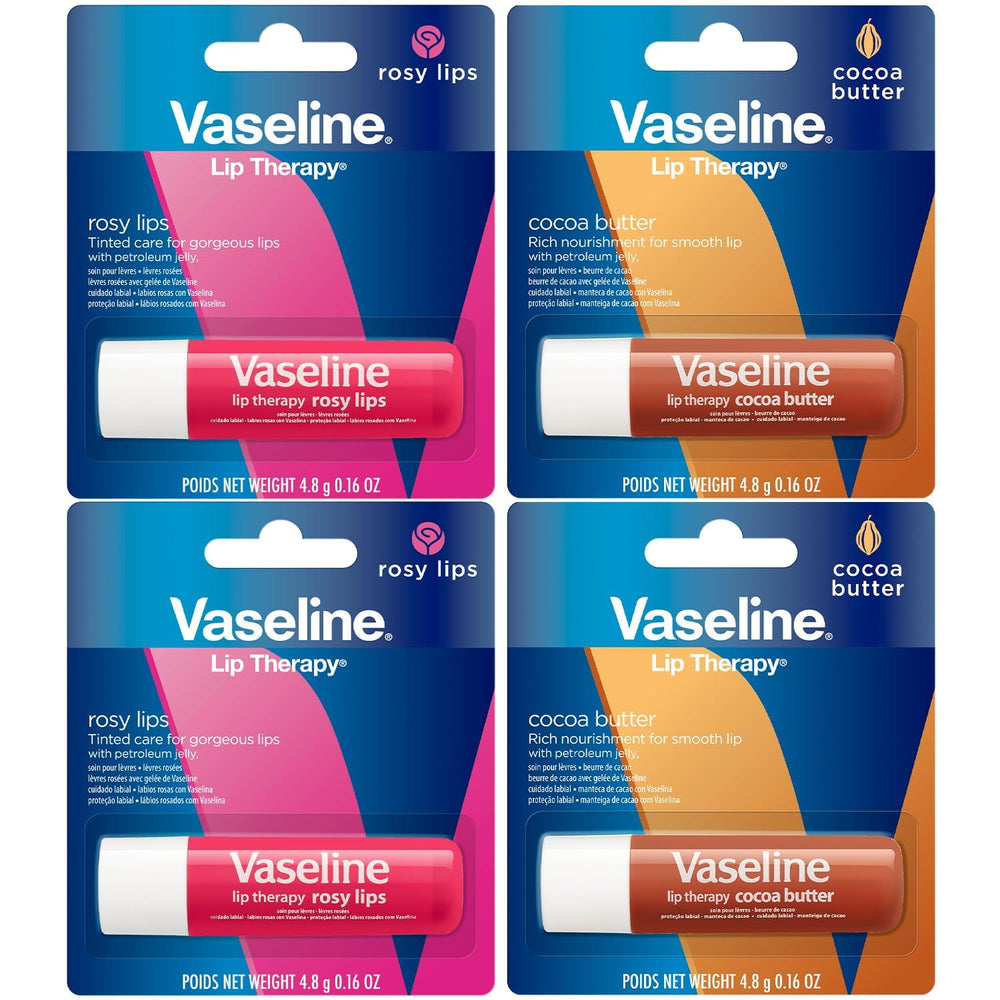 Vaseline variety pack front view showing four lip therapy sticks and benefits