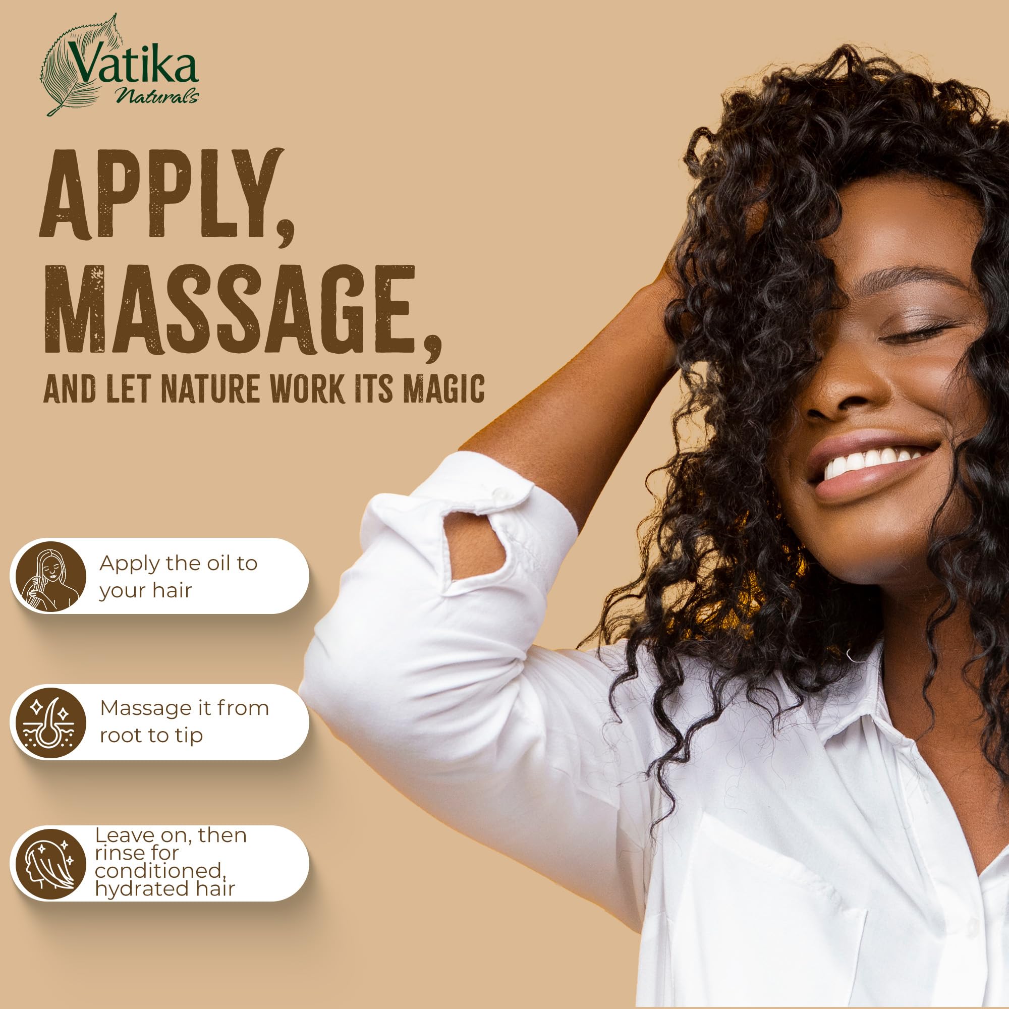 Vatika Naturals applied in hand demonstrating easy distribution and detangling benefit
