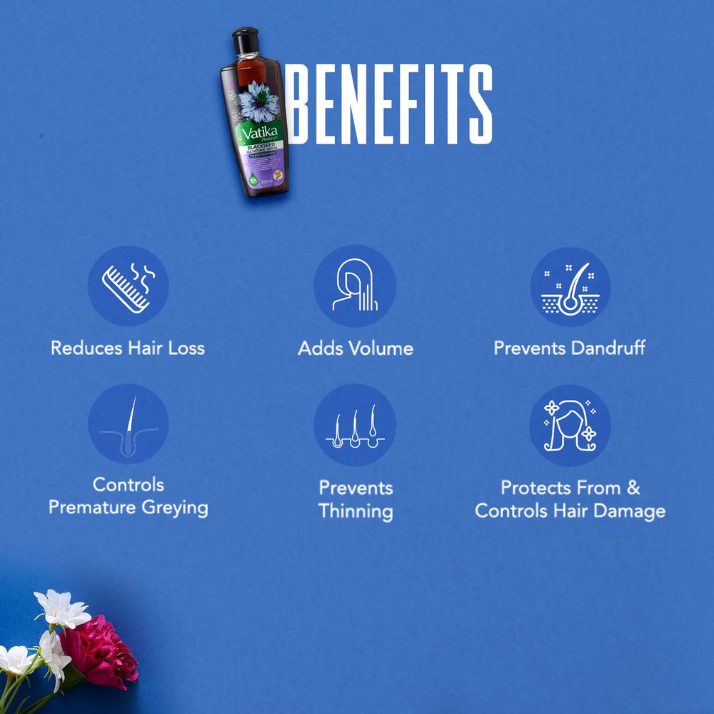Vatika Dabur label detail showing ingredient emphasis on black seed and Ayurvedic herbs