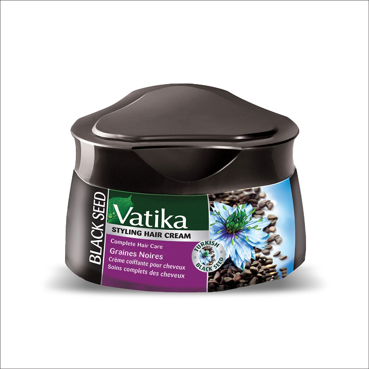 Vatika Naturals front jar showing coconut and black seed, highlights hydration benefit