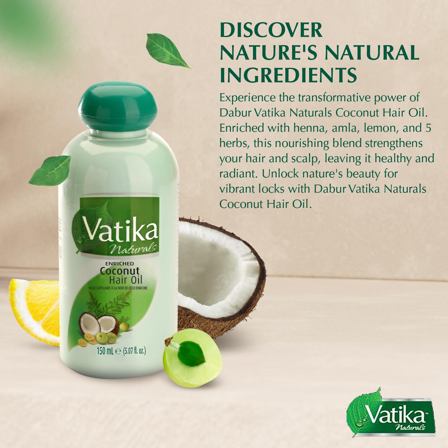 Vatika Naturals pouring oil texture shot showing lightweight coconut absorption benefit