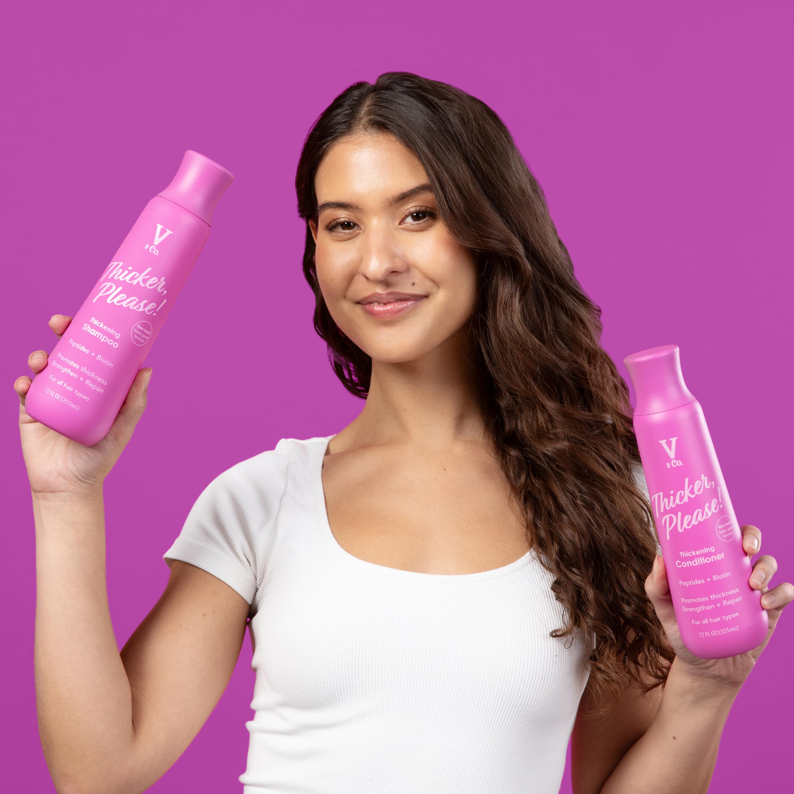 V&CO styled hair after use showing fuller-looking volume and improved shine