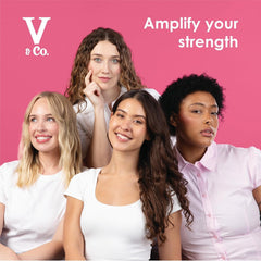 V&Co. shampoo on bathroom shelf in styling routine demonstrating fuller hair