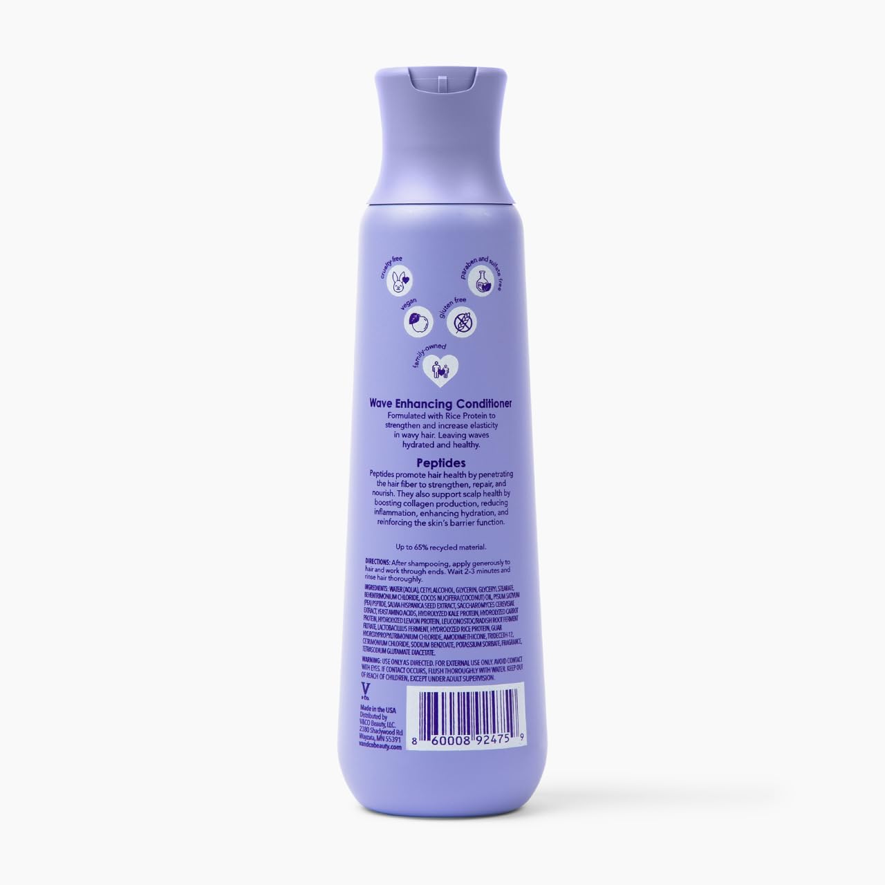 V&Co recycled-bottle eco label closeup showing sustainable packaging benefit