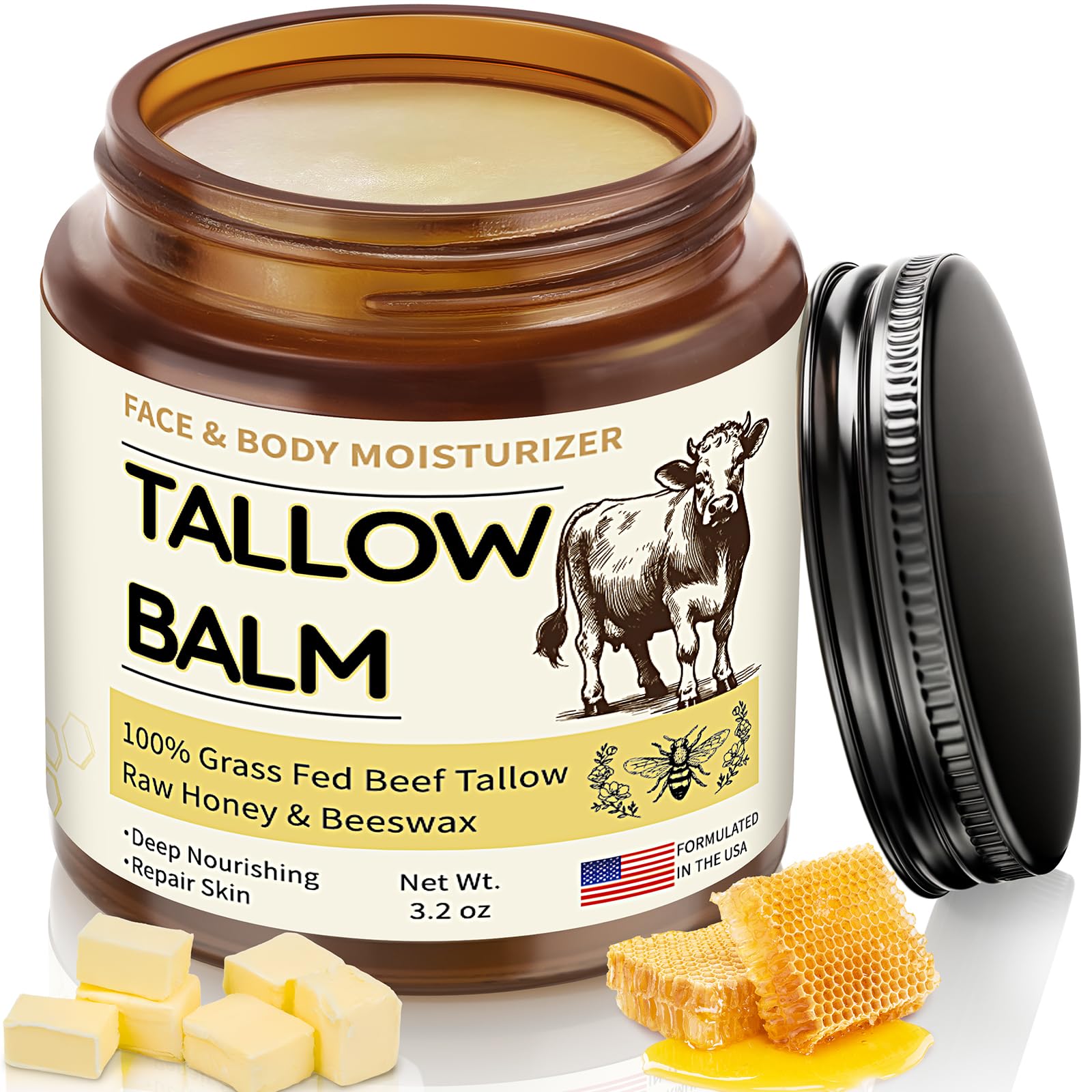 Veakoo front jar displayed showing label and organic tallow benefits