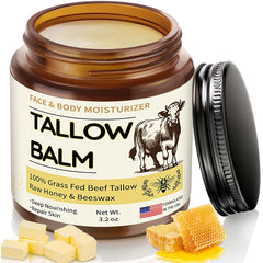 Veakoo front jar displayed showing label and organic tallow benefits