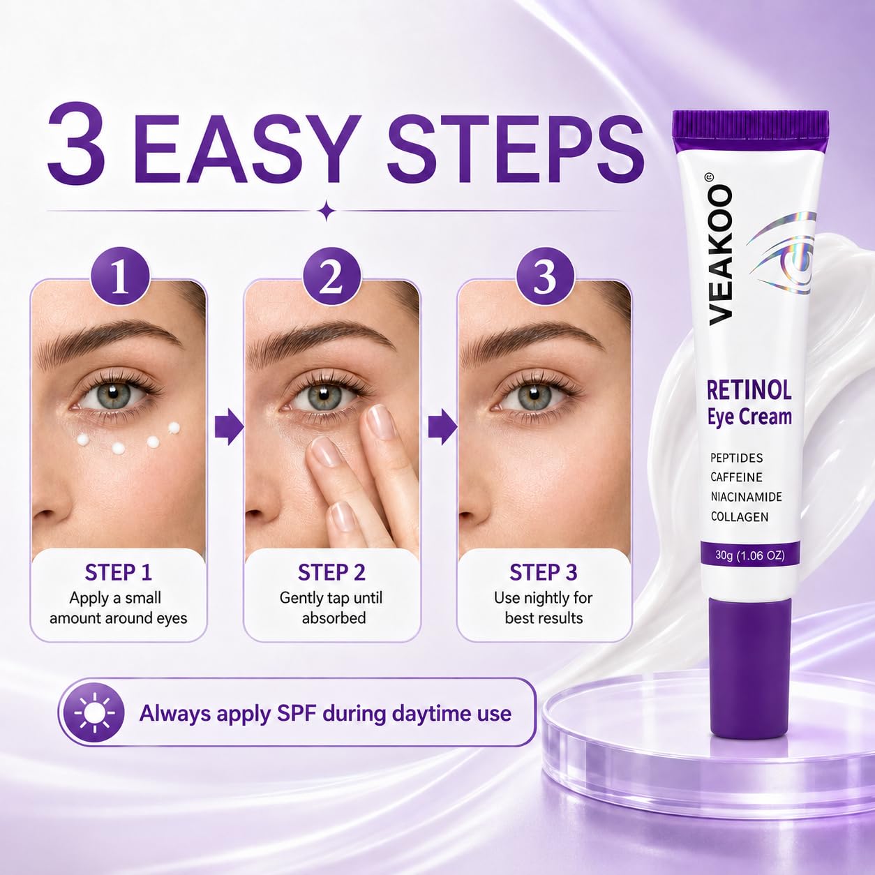 Veakoo label detail highlighting actives and clear ingredient information benefit