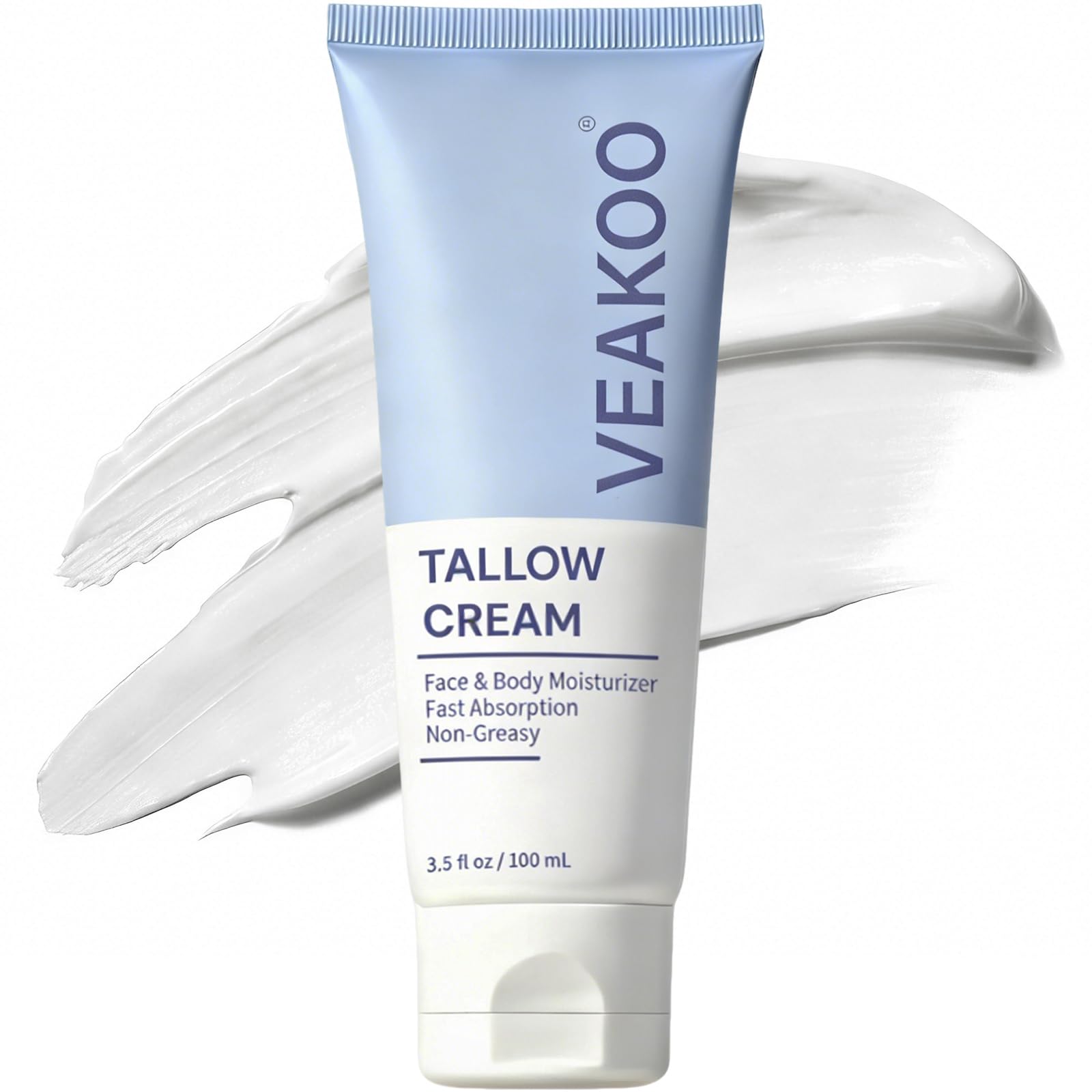 Veakoo tube front view showing unscented tallow moisturizer packaging and clarity of use
