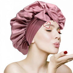 VECIIR front view of large pink bonnet protecting hair overnight