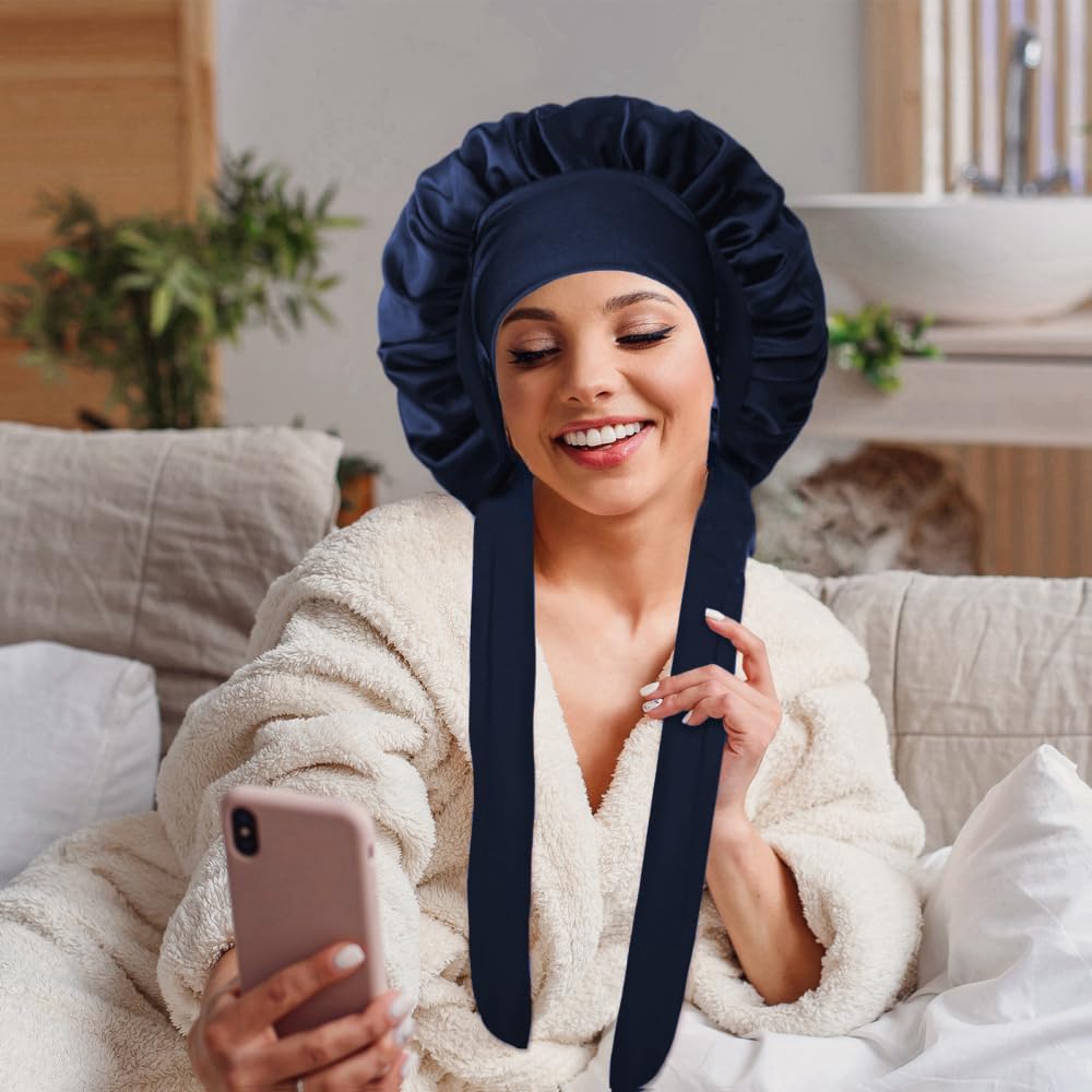 VECIIR bonnet worn by sleeper preserving curls and reducing frizz
