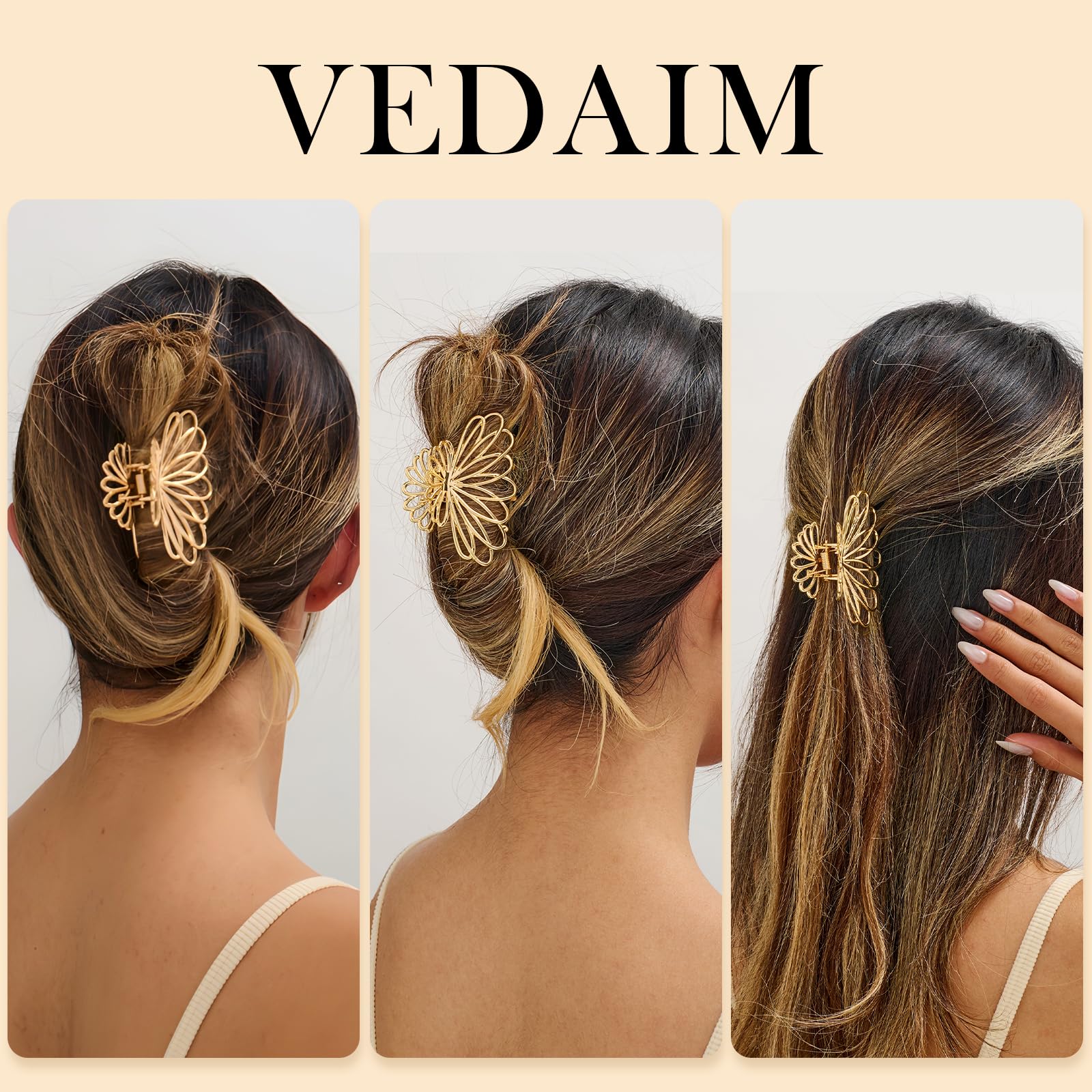 VEDAIM gold clip on desk with makeup items showing travel-friendly styling convenience