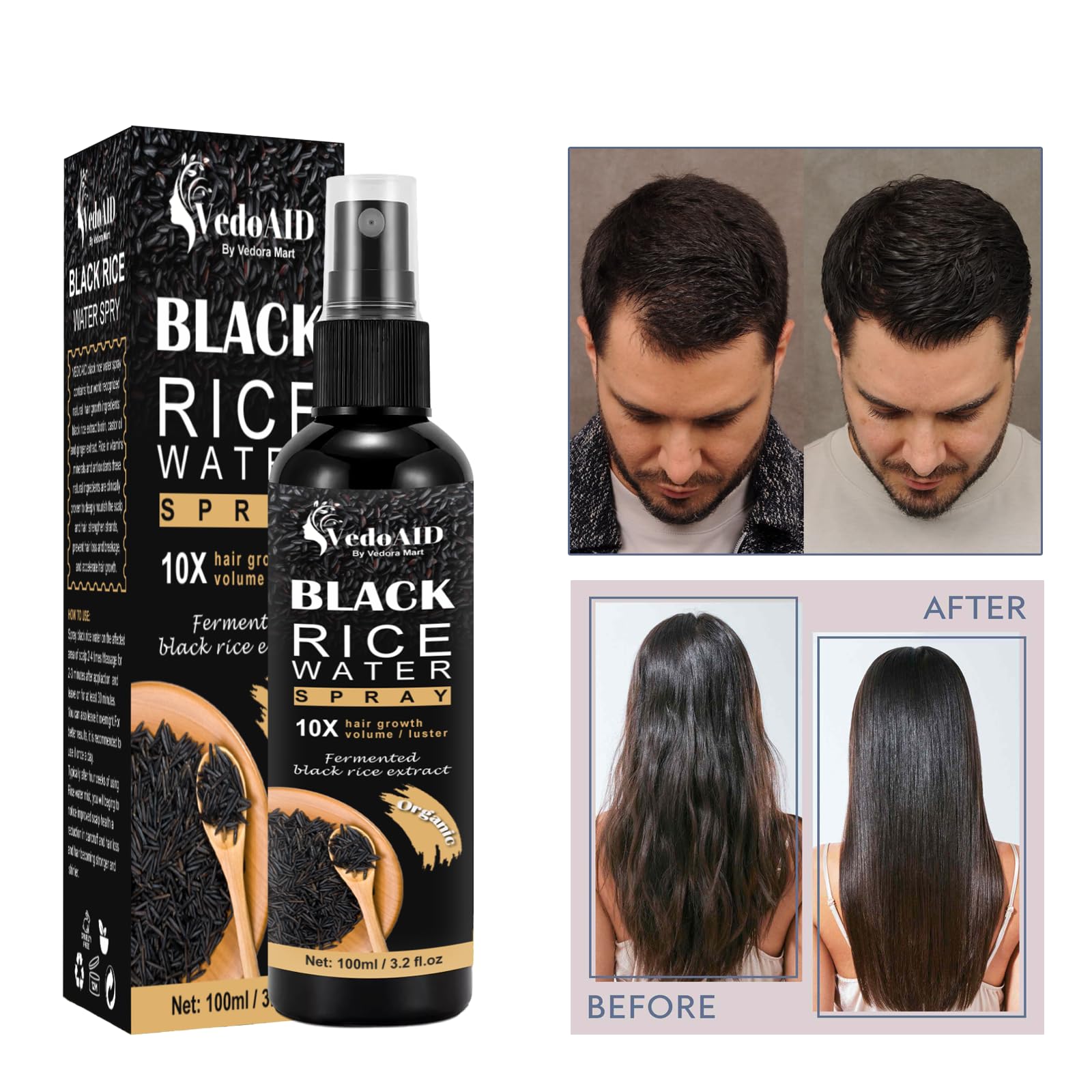 VedoAID styling before and after visual suggesting improved hair strength and manageability