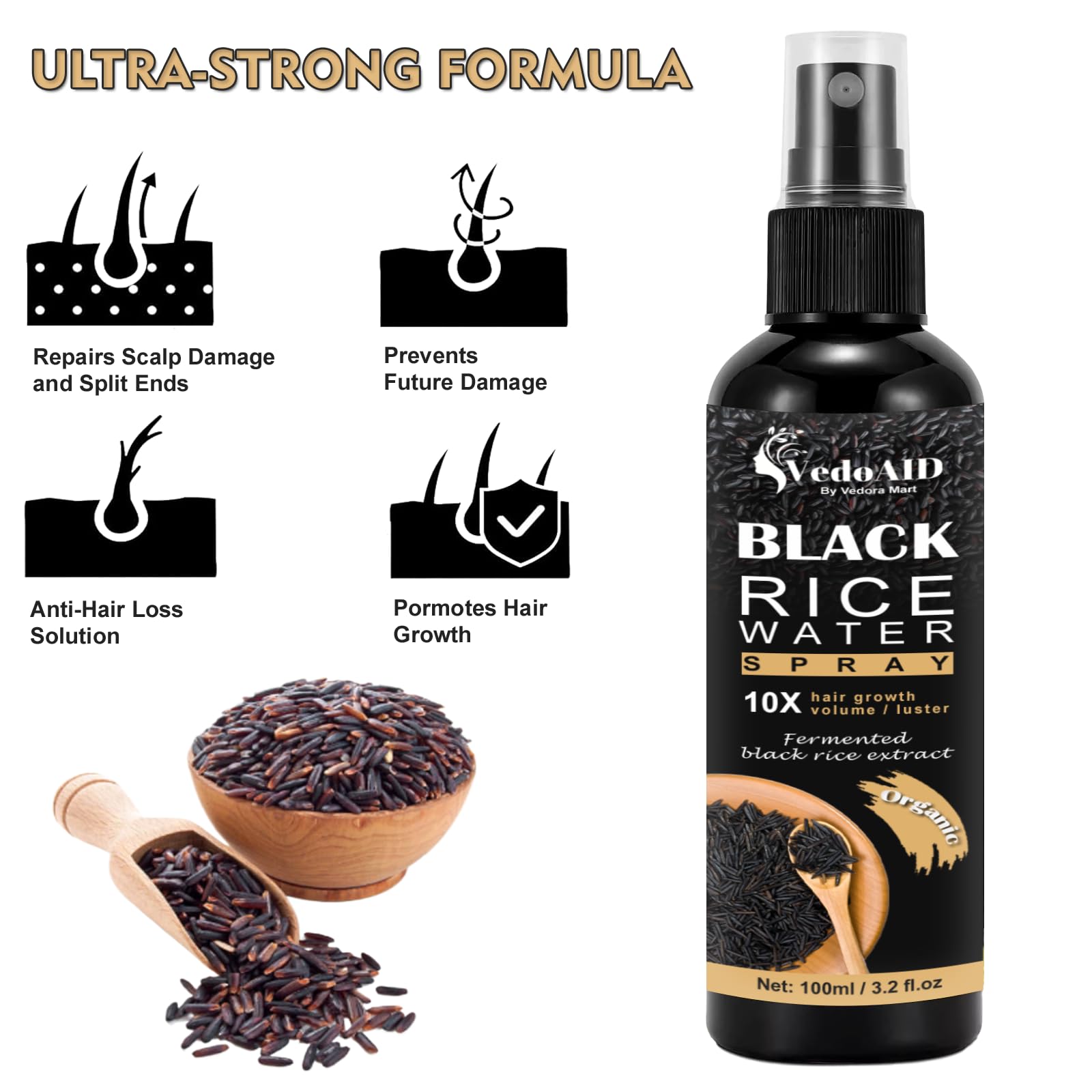 VedoAID natural ingredients display with ginger, castor oil, and black rice for transparency