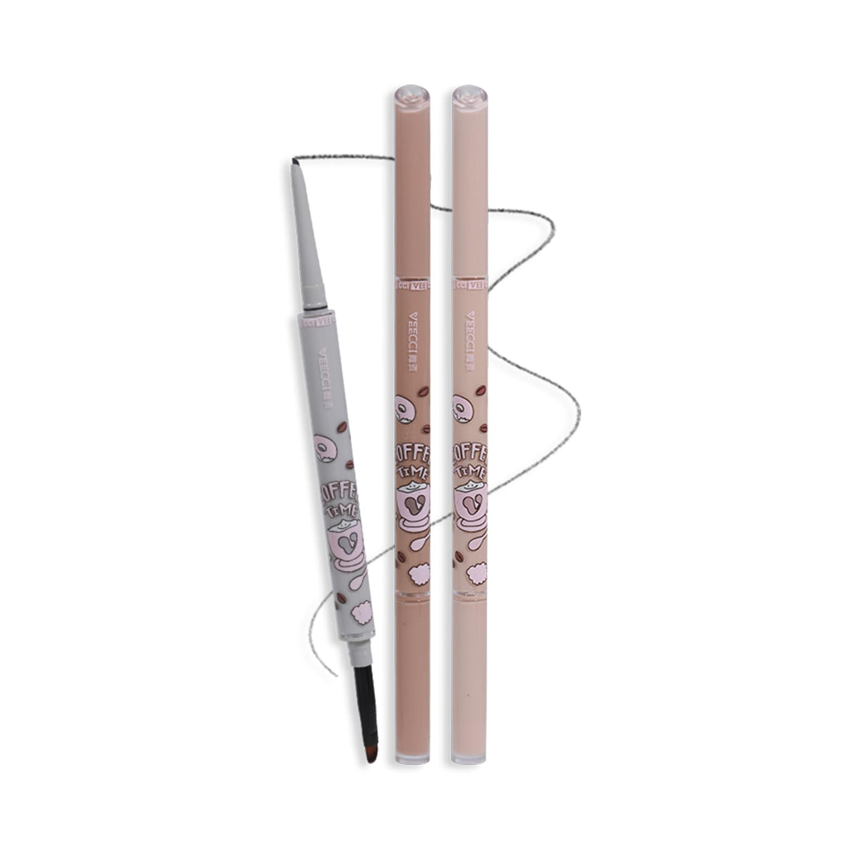 VEECCI front packaging showing pencil and built-in brush, clear product benefit