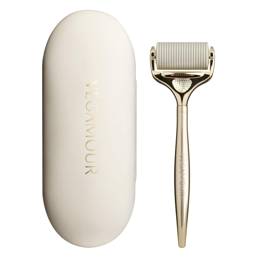 VEGAMOUR front view of GRO+ dermaroller showing sleek handle and wide head for efficient scalp coverage