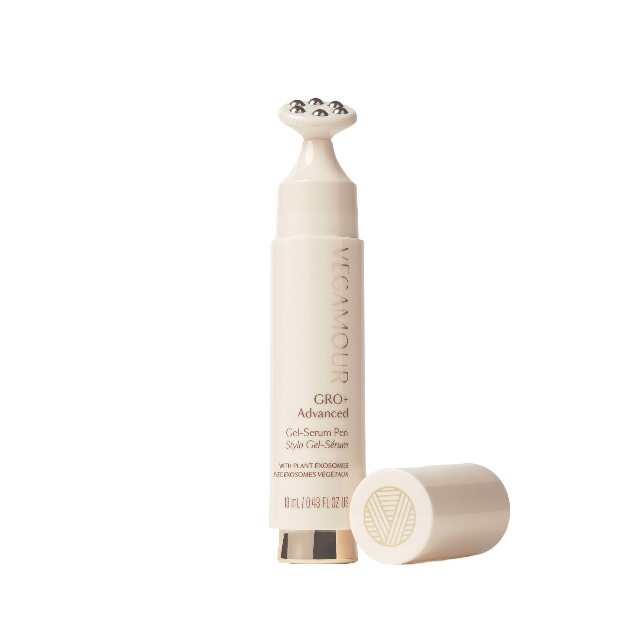 VEGAMOUR front view of GRO+ pen shows sleek applicator and targeted use benefit