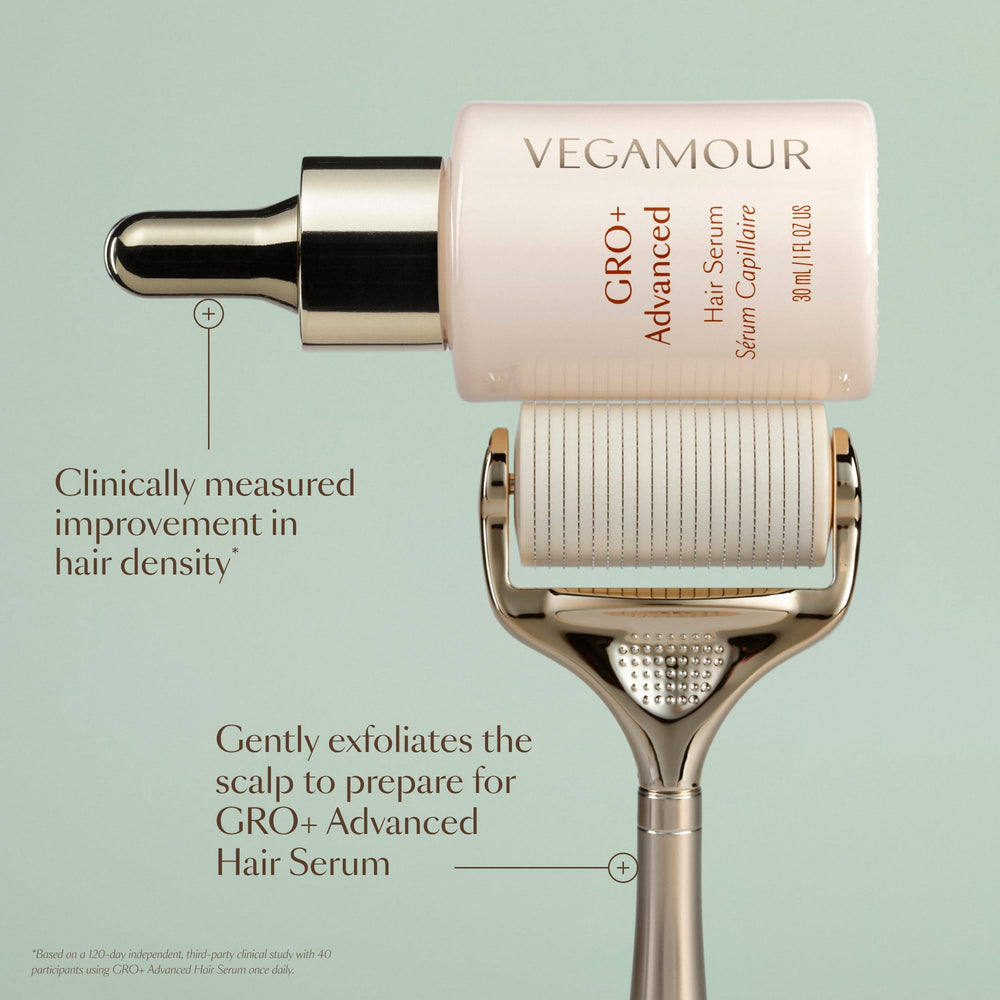 VEGAMOUR dermaroller rolling on scalp in use to enhance serum absorption and scalp clarity