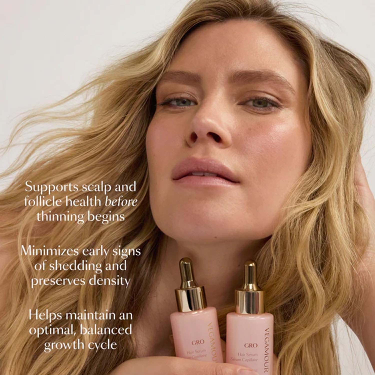 VEGAMOUR applied to scalp demonstrating easy daily massage application