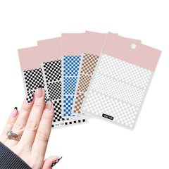 Veibeau front packaging showing five checkerboard nail decal sheets and contents benefit quick selection