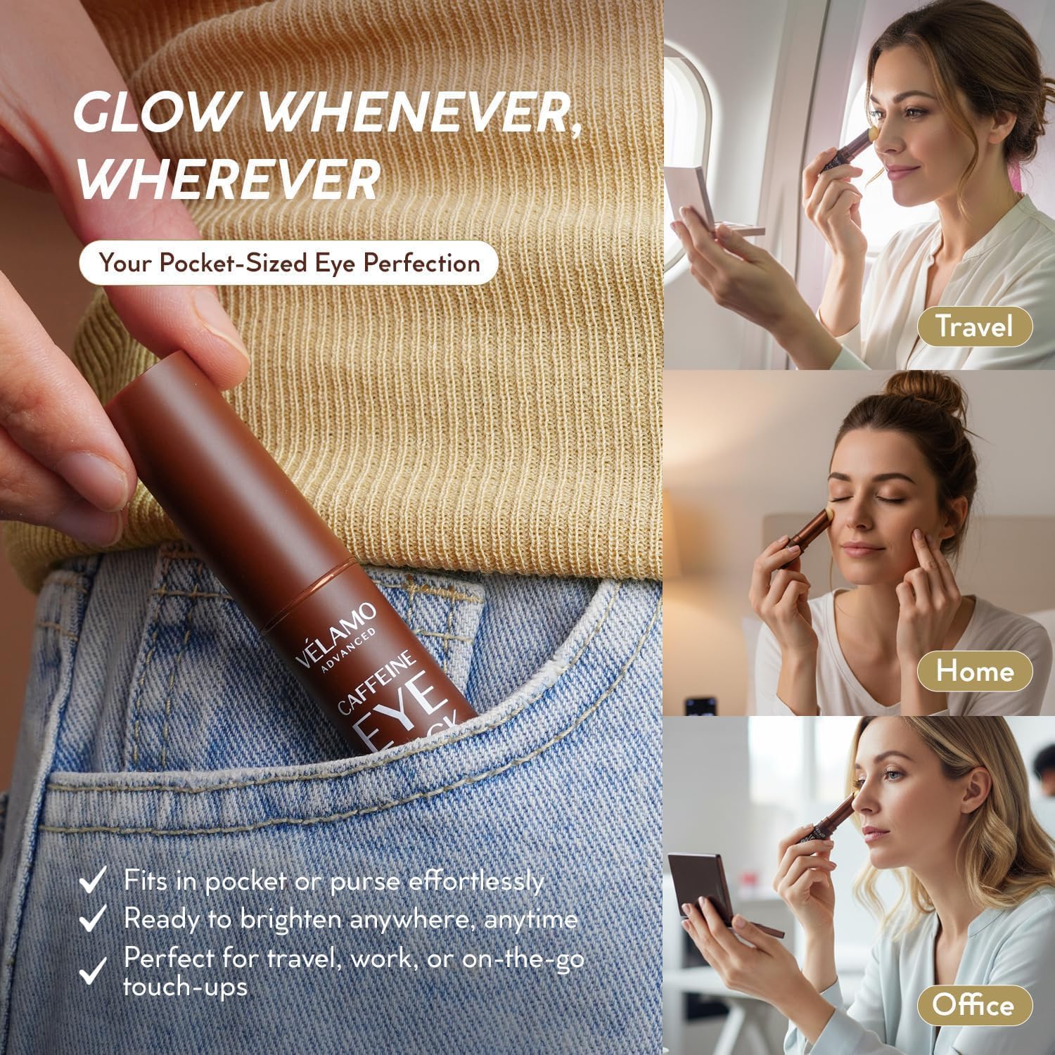 VELAMO ADVANCED eye stick inside a travel bag for on-the-go convenience