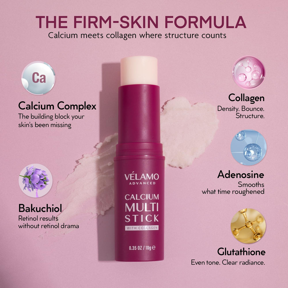 VELAMO ADVANCED ingredients label highlighting calcium complex and collagen benefits