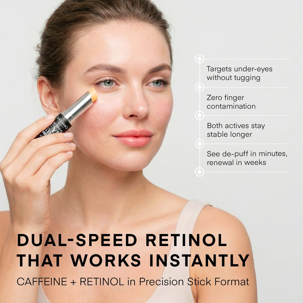 VELAMO ADVANCED closed stick profile emphasizing portable, travel-ready applicator