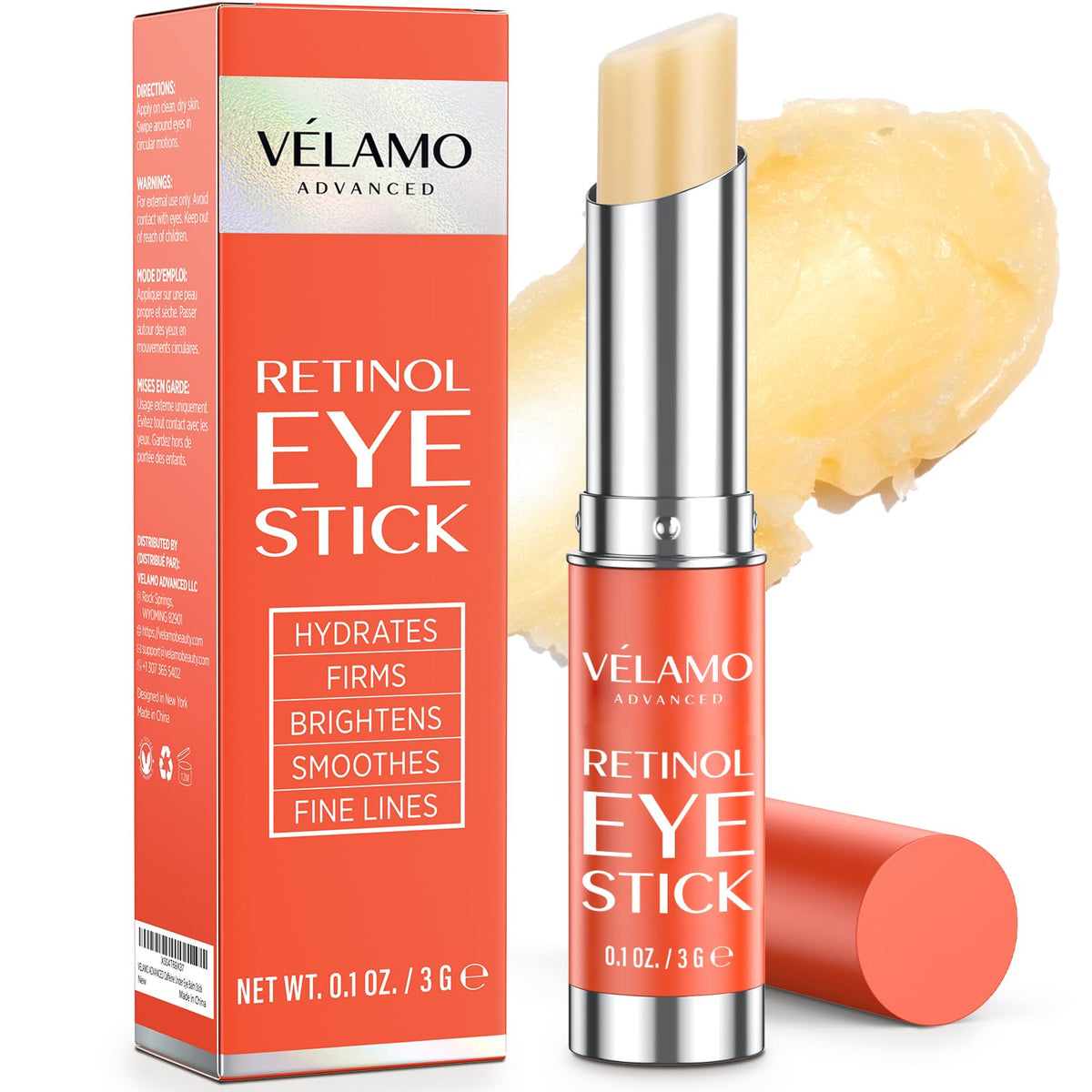 VELAMO ADVANCED front packaging showing compact travel-ready eye stick benefit