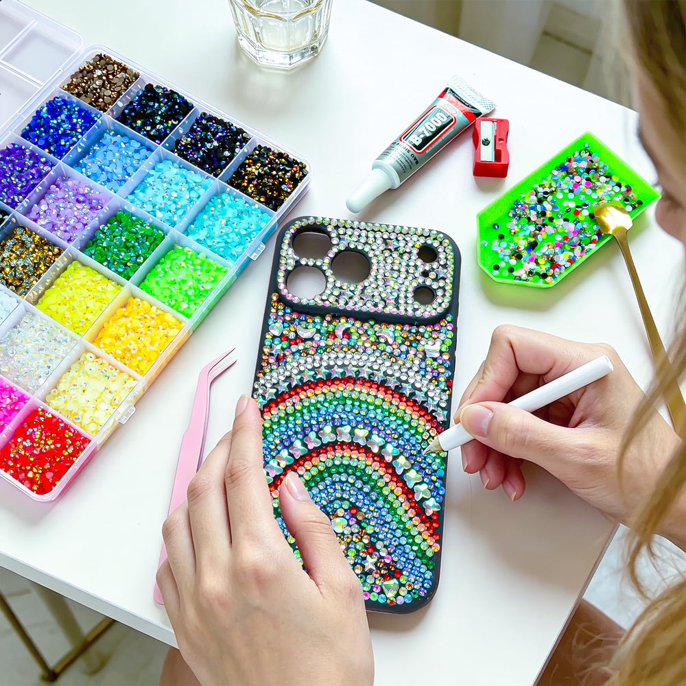 Velmoritha open 24-grid organizer displaying 24 vibrant rhinestone colors neatly