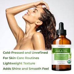 velona amla oil label detail showing USDA Organic and ingredient transparency benefits
