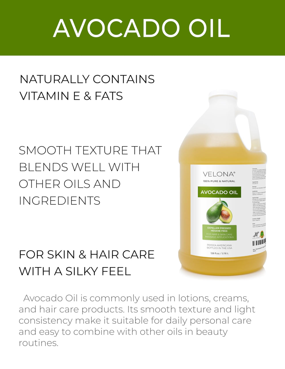 velona avocado oil pouring from bottle highlighting smooth pour and easy blending