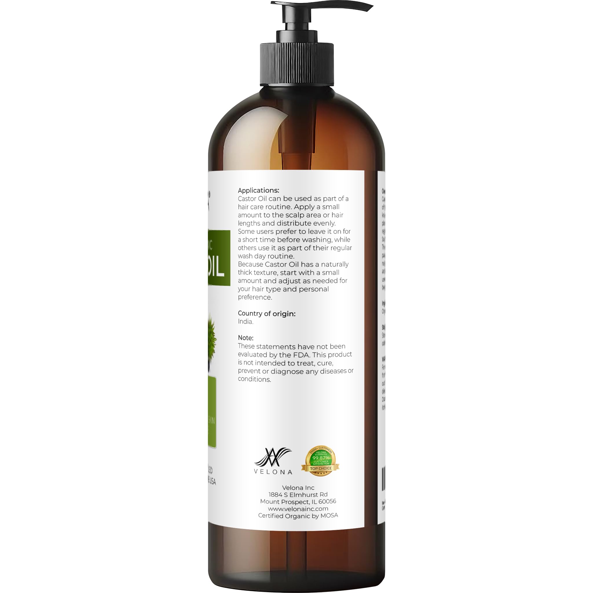 velona bottle label and USDA organic seal, verifies purity and quality benefit