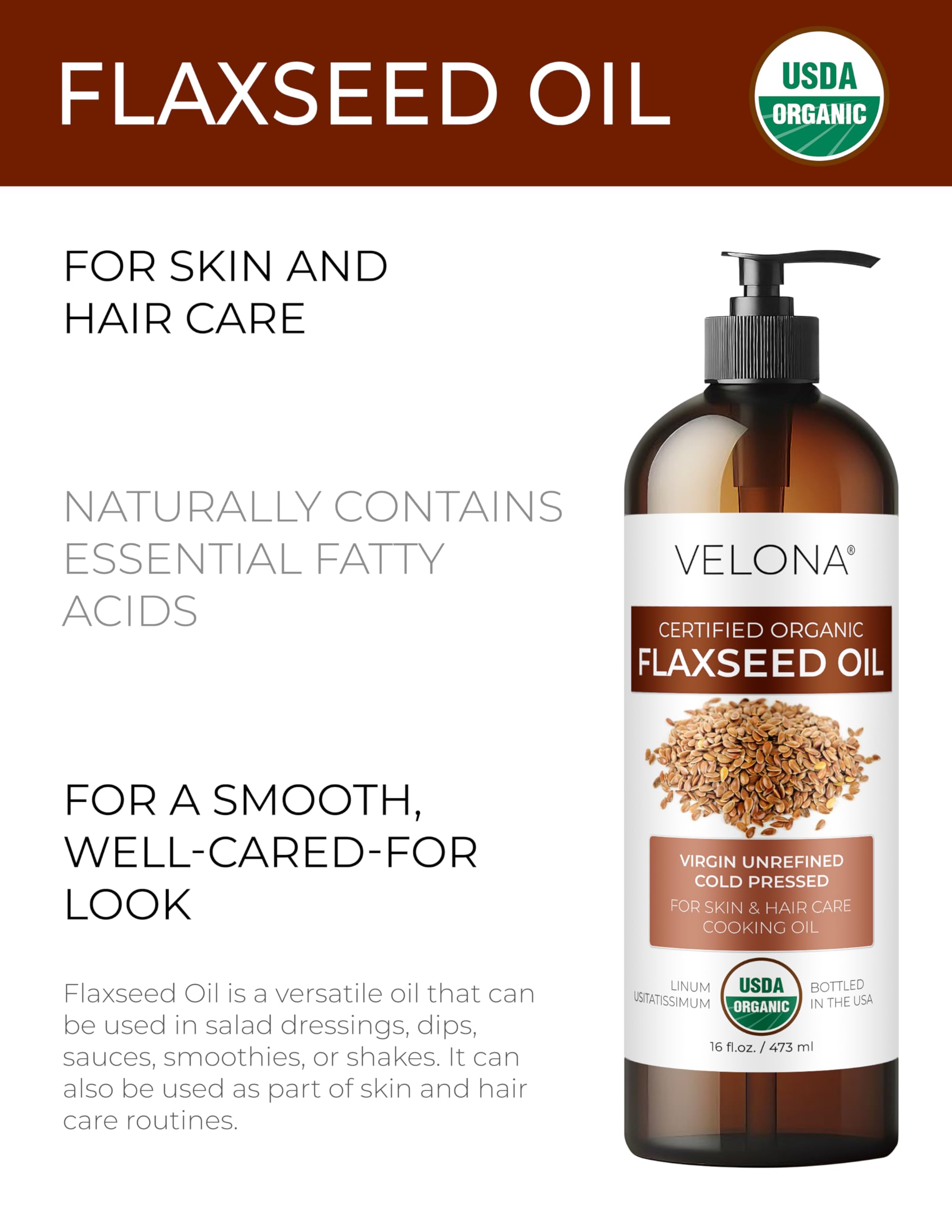 velona bottle pouring oil over spoon highlights natural cold-pressed benefit