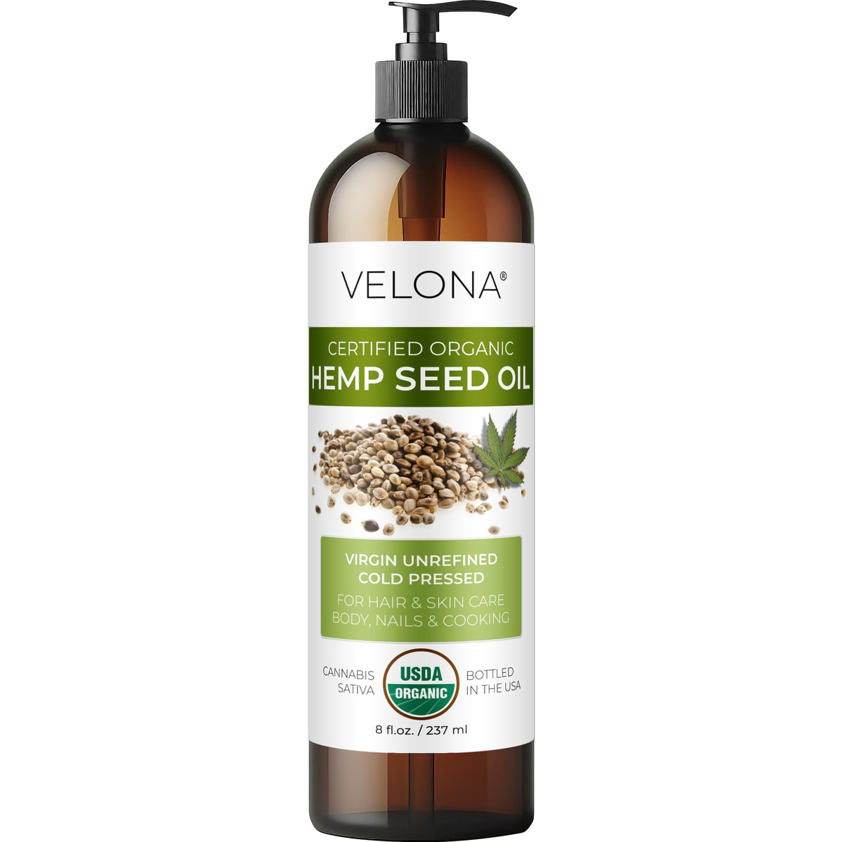 velona front bottle 8 oz showing organic label and clear glass for shelf appeal