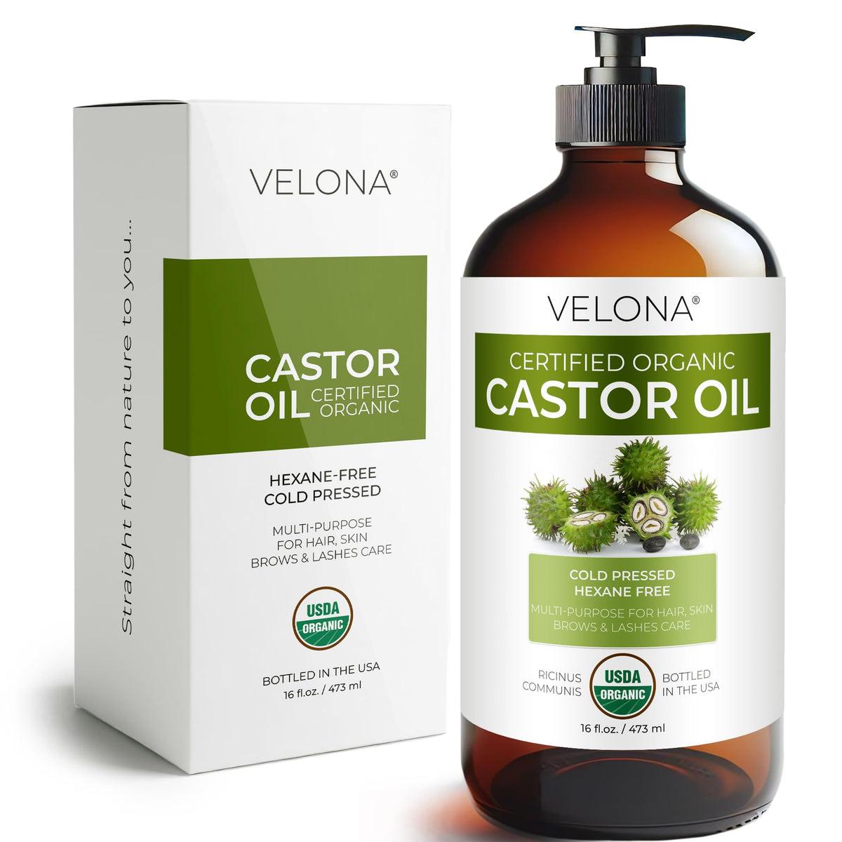 velona front glass bottle showing pure organic castor oil benefit nourishing hair