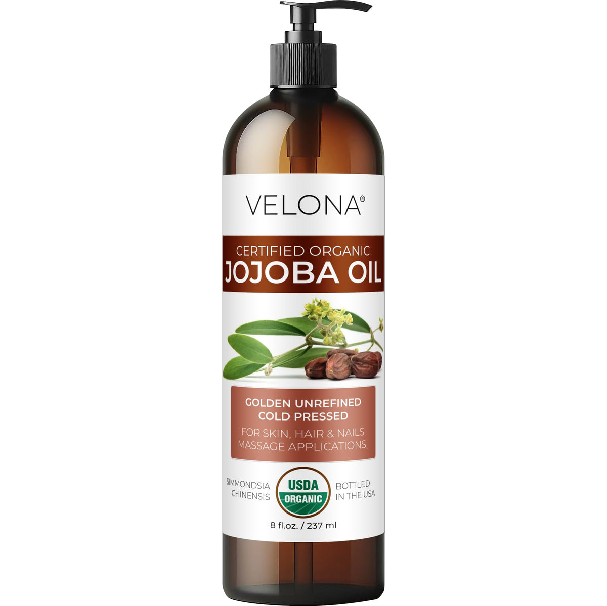 velona bottle front label with pump showing organic certification and clear benefits
