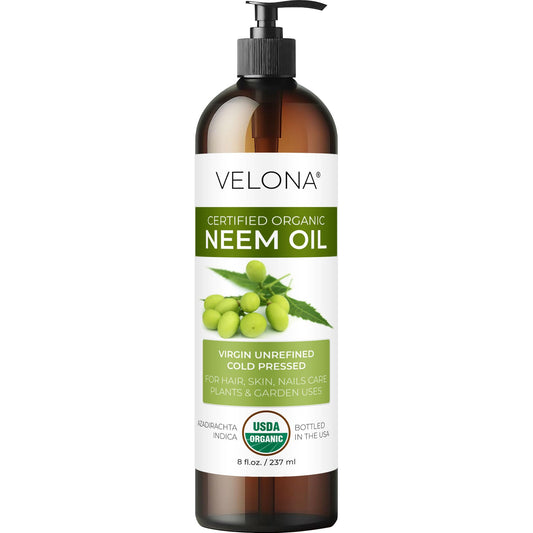 velona neem oil front label showing organic certification and bottle benefit