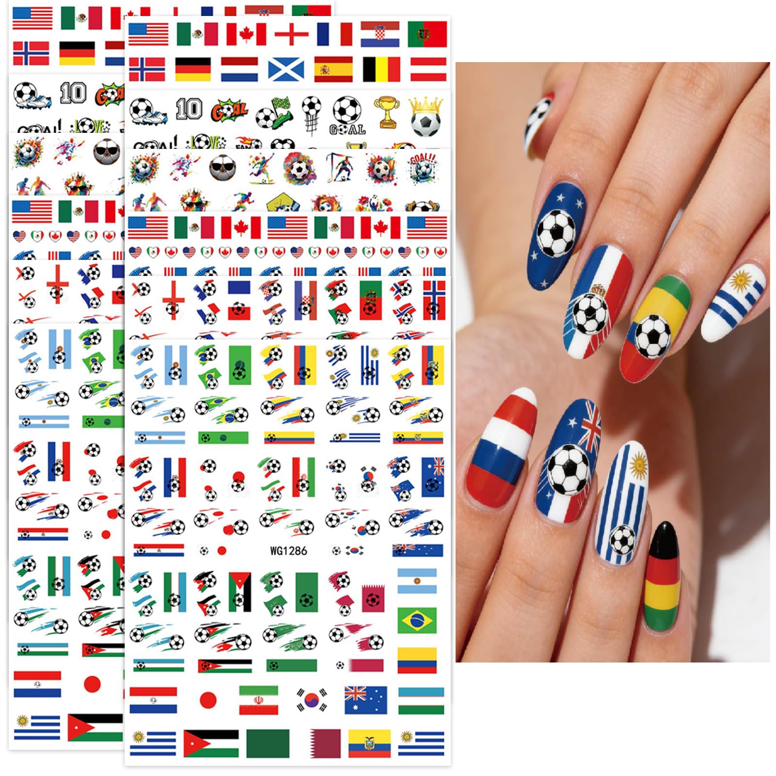 Veloranty front sheets display showing assorted soccer nail designs and vibrant colors for easy selection