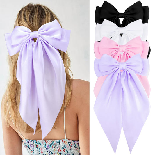 VELSCRUN front view of four-color oversized satin bows showing variety and gift-ready look