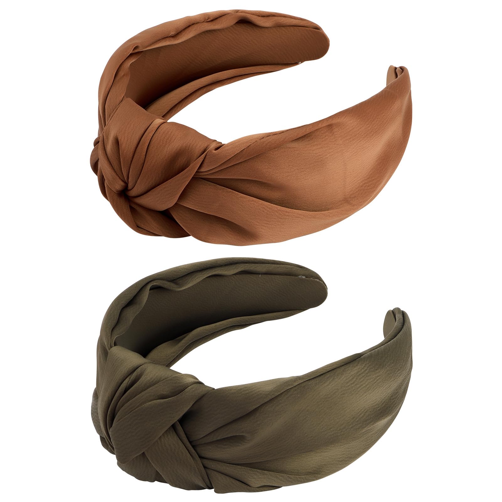 VELSCRUN front view of the two brown satin knotted headbands showing polished finish and fit