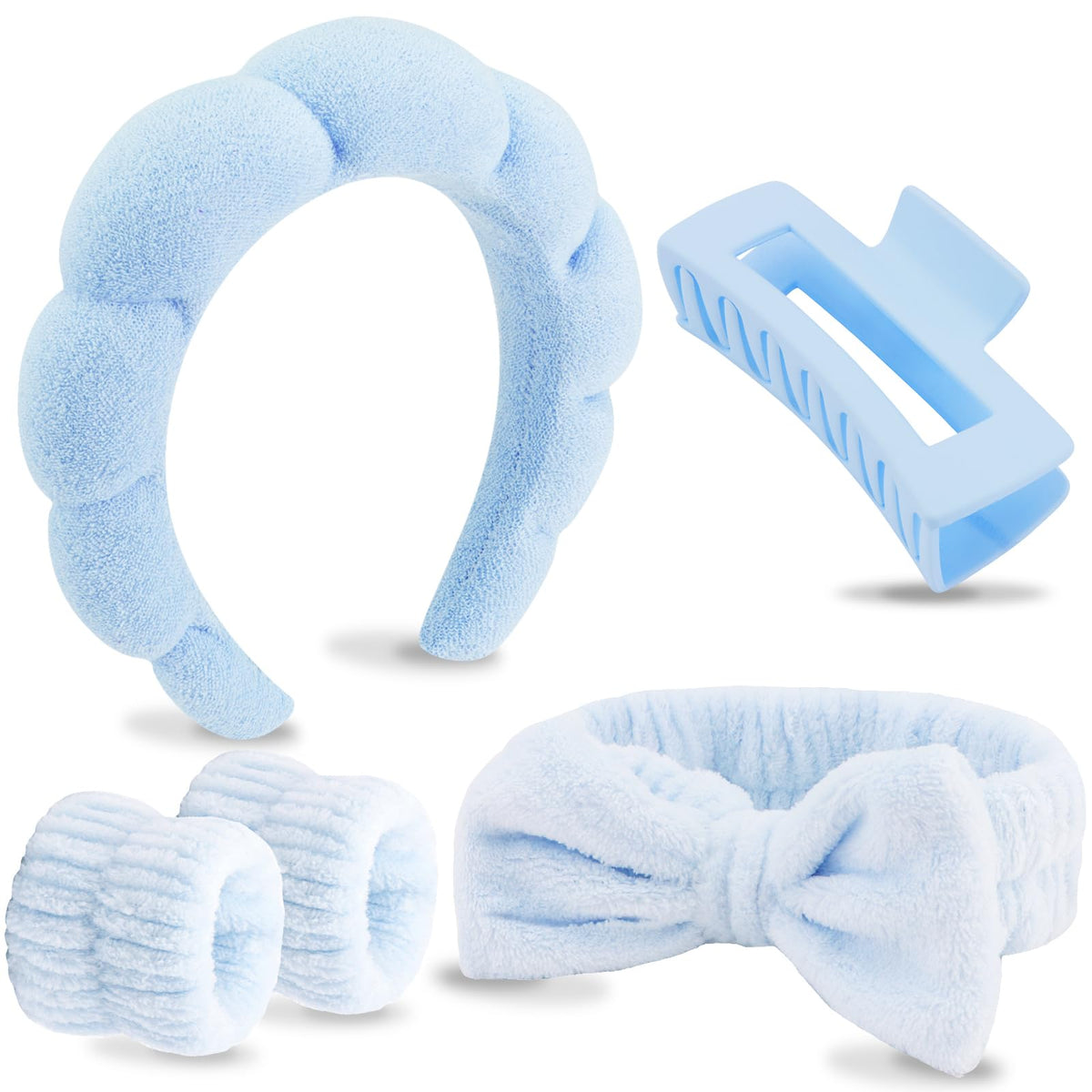 VELSCRUN front packaging showing the full blue spa headband set and accessories for easy routines