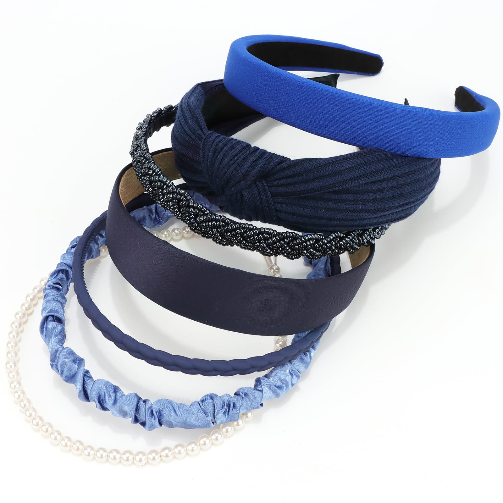 VELSCRUN front view of seven navy headbands showing variety and wearability