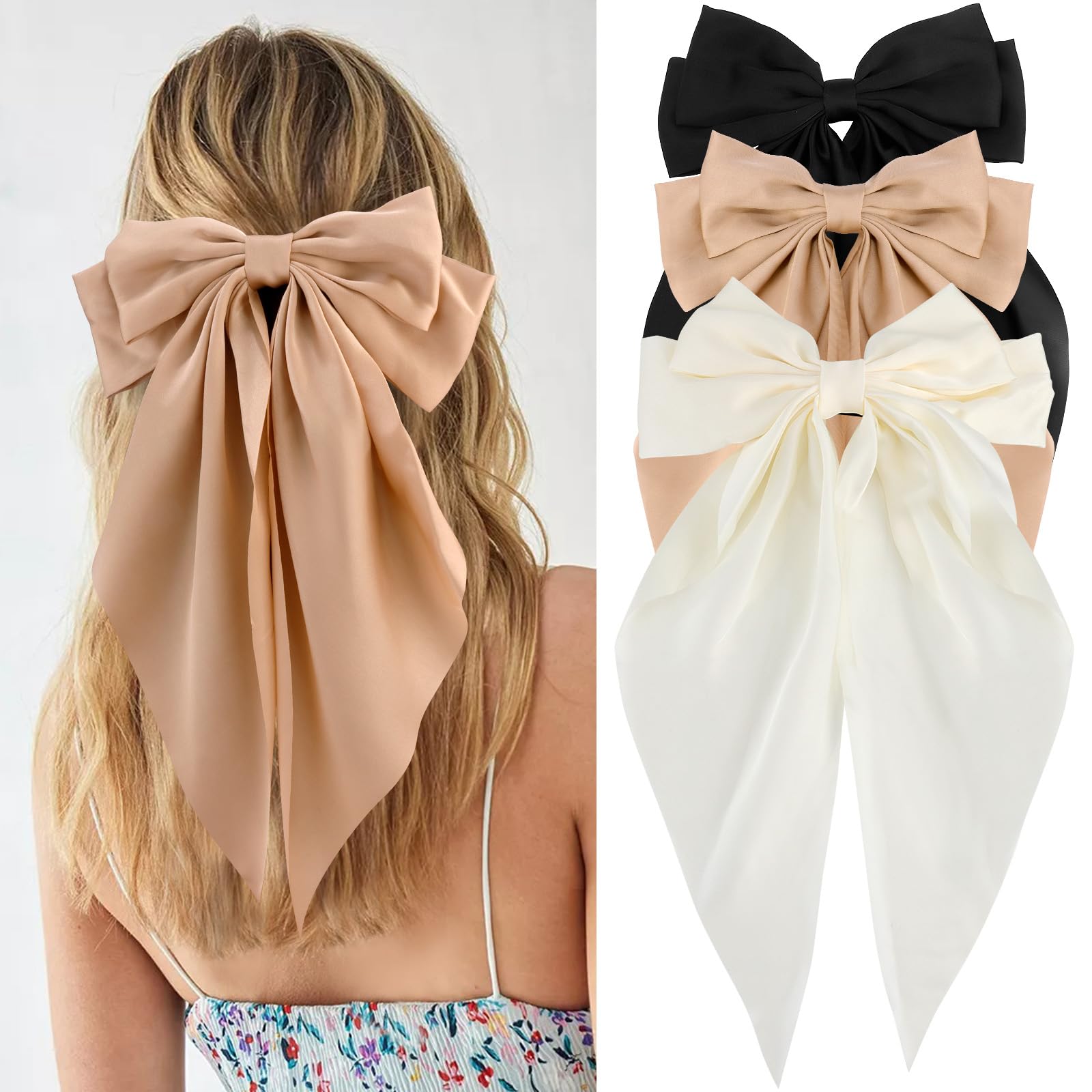 VELSCRUN front view of three large satin bows showcasing colors and packaging benefit