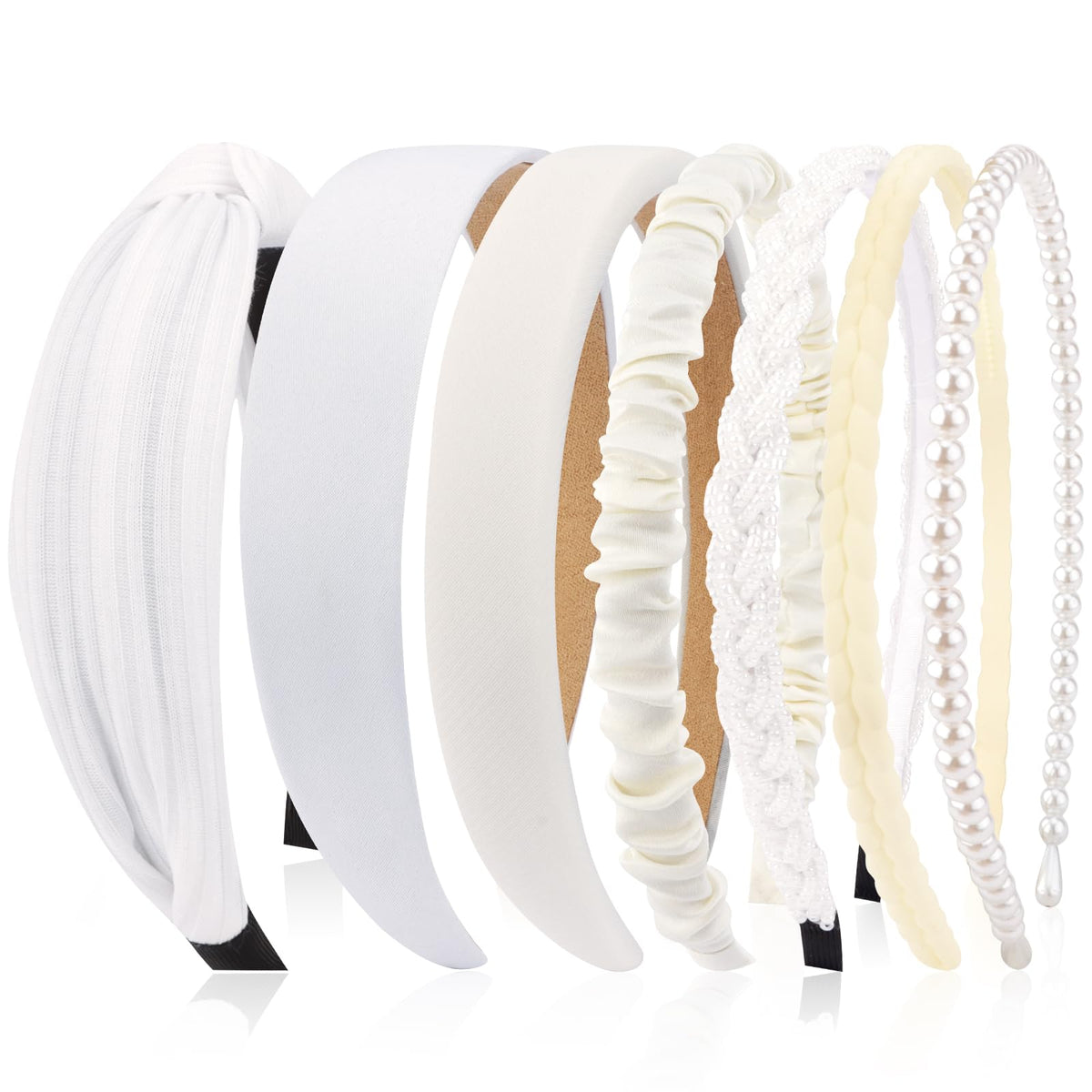 VELSCRUN front view of seven white headbands showing assortment and neat packaging benefit
