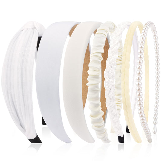 VELSCRUN front view of seven white headbands showing assortment and neat packaging benefit
