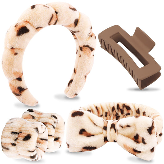 VELSCRUN front view of leopard spa headband keeps hair secure while cleansing