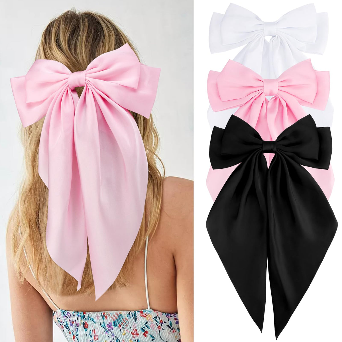 VELSCRUN front view of three satin bows showing colors and shape for instant style
