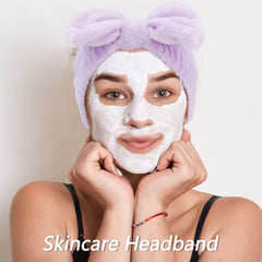 VELSCRUN model wearing headband during skincare showing tidy hair and easy use